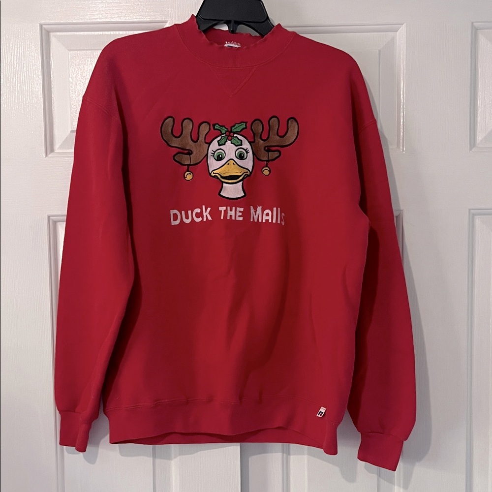 Russell Athletic Red Crewneck Sweater with Christmas Duck Embroidery